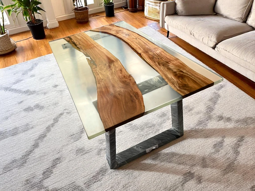 Dark Wooden Dining Table with Clear Epoxy Resin - High Gloss Finish